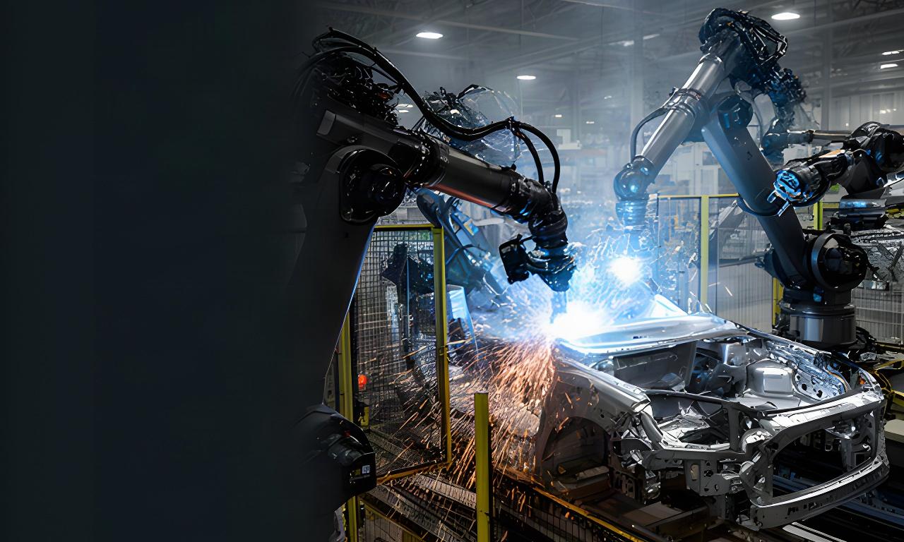 Industrial robot arms welding automotive components on a monitored manufacturing line
