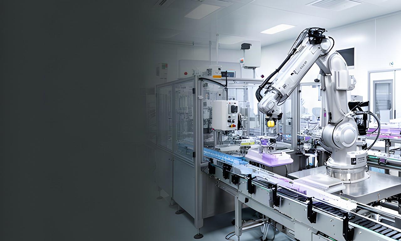 Pharmaceutical robotic filling line inside a cleanroom with stainless steel equipment and inspection sensors